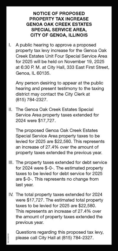 Notice of Proposed Property Tax Increase Genoa Oak Creek Estates Special Service Area