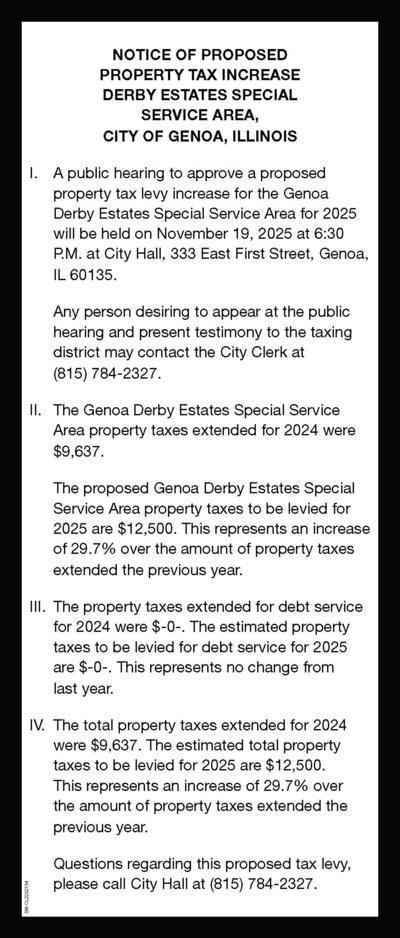 Notice of Proposed Property Tax Increase Derby Estates Special Service Area